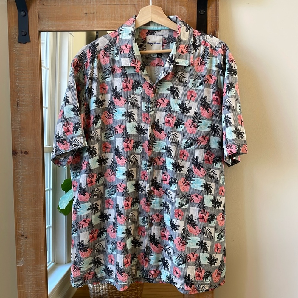 Tommy Bahama Palm Tree Print Silk Hawaiian Shirt Size L
